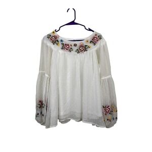 Altar'd State White Swiss Dot Floral Embroidered Bell Sleeve Blouse Large